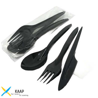 Набор одноразовых приборов черный (вилка, ложка, нож, салфетка 24х24 см) в индивидуальной упаковке Bittner 100