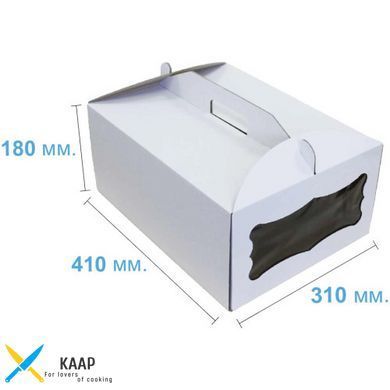 Коробка для торта с ручкой, с окошком 410х310х180 мм белая картонная (бумажная)