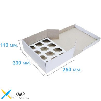 Коробка для капкейків, кексів та мафінів на 12 шт 330х250х110 мм біла картонна (паперова)