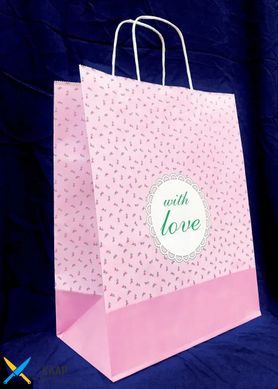 Пакет подарочный бумажный 26х14х33,5 см., 50 шт/уп "Цветок Love" с кручеными ручками, розовый/белый