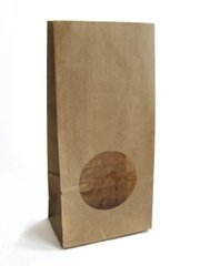 Пакет паперовий з дном для чаю/кави 9,5х6,5х19 см., 70 г/м2, 500 шт/ящ із круглим вікном, бурий крафт (