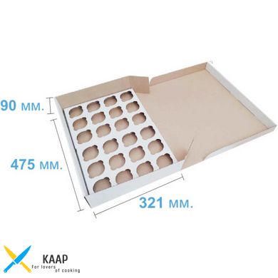 Коробка для капкейков, кексов и мафинов на 24 шт. 475х321х90 мм белая картонная (бумажная)