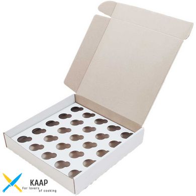 Коробка для капкейков, кексов и мафинов на 25 шт 260х260х50 мм белая картонная (бумажная)