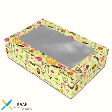 Коробка для сладостей/десертов 200х130х50 мм Maxi светлая с рисунком c окошком бумажная