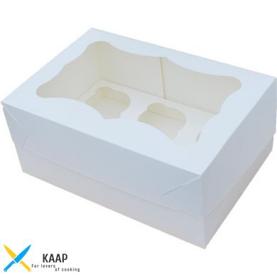 Коробка для капкейков, кексов и мафинов на 6 шт 250х170х110 мм белая картонная (бумажная)