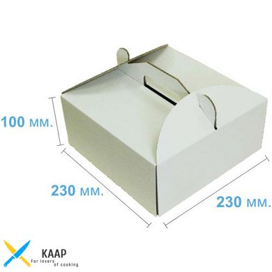 Коробка для торта с ручкой 230х230х100 мм белая картонная (бумажная)