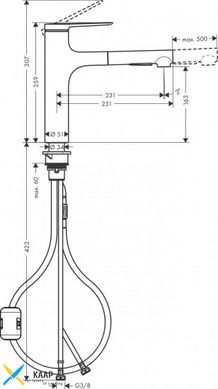 Змішувач для кухні Zesis M33, довж.виливу - 231мм, витяжний, 1важіль, KM160, хром Hansgrohe