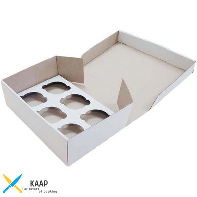 Коробка для капкейков, кексов и мафинов на 6 шт 250х170х80 мм белая картонная (бумажная)