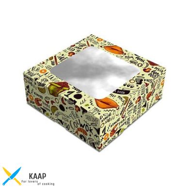 Коробка для суши (суши бокс) и сладостей 130х130х50 мм Midi светлая с рисунком и окошком бумажная