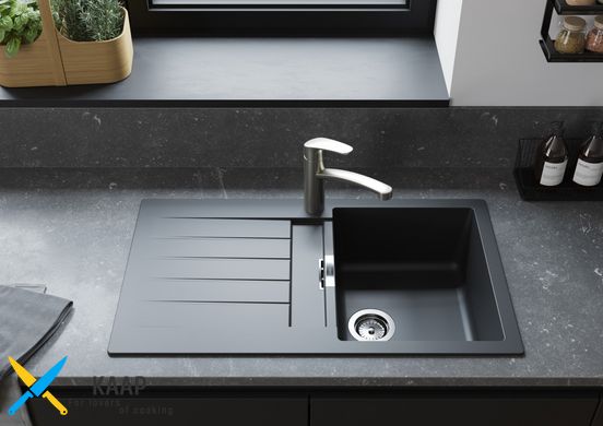 Мийка кухонна S52, граніт, прямокутник, з крилом, 840х480х190мм, чаша - 2, накладна, S520-F345, чорний графіт Hansgrohe