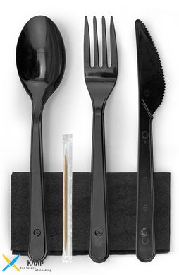 Набор одноразовых столовых приборов черный (вилка, ложка, нож, салфетка, зубочистка)