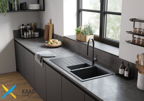 Мойка кухонная S52, гранит, прямоугольник, с крылом, 980х480х190мм, чаша – 1.5, накладная, S520-F530, черный