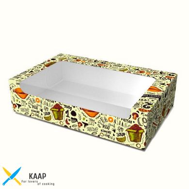 Коробка для суши (суши бокс) и сладостей 200х130х50 мм Maxi светлая с рисунком и окошком бумажная