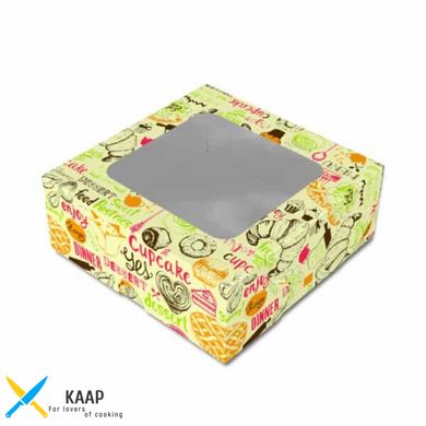 Коробка для сладостей/десертов 130х130х50 мм Midi светлая цветная с рисунком сладостей c окошком бумажная