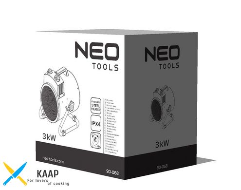 Теплова гармата електрична Neo Tools, 3 кВт, 80 м кв., 354 м куб./год, наг.елемент — неірж.сталь, IPX4