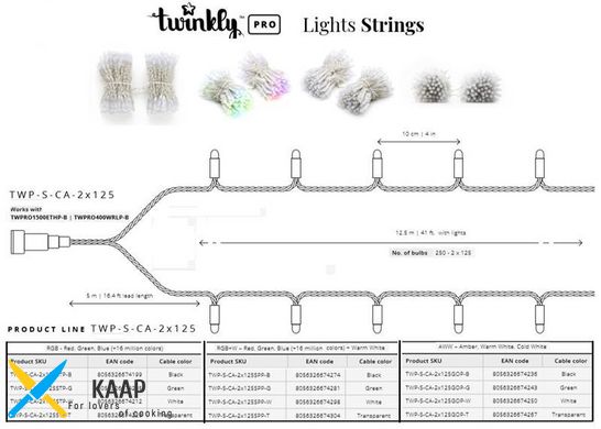 Smart LED Гірлянда Twinkly Pro Strings RGBW 250, подвійна лінія, AWG22, IP65, прозорий