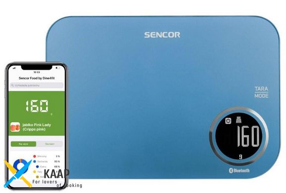 Ваги Sencor кухонні, 5кг, підключення до смартфону, AAAx2, пластик, синій