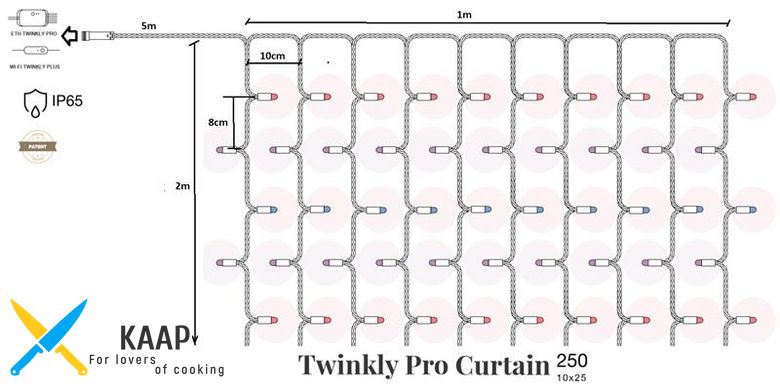 Smart LED Гірлянда Twinkly Pro Curtain RGBW 250 (10 по 25), IP65, AWG22 PVC Rubber чорний