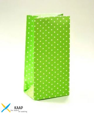 Пакет подарунковий паперовий 9,5х6,5х19 см., 70 г/м2, 100 шт/уп "Горошок зелений" без ручок, зелений