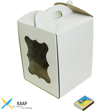 Коробка для торту з ручкою, з віконцем 170х170х220 мм біла картонна (паперова)