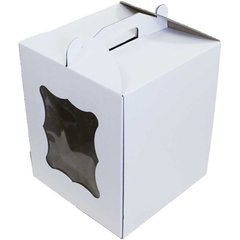 Коробка для торта с ручкой, с окошком 250х250х300 мм белая картонная (бумажная)
