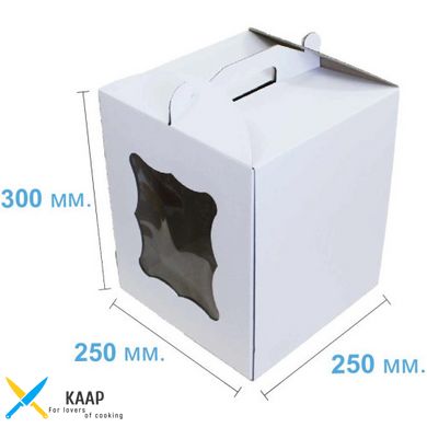 Коробка для торту з ручкою, з віконцем 250х250х300 мм біла картонна (паперова)