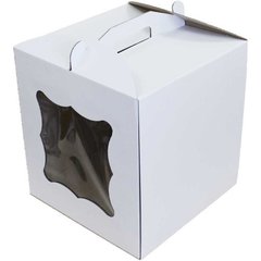 Коробка для торта с ручкой, с окошком 280х280х300 мм белая картонная (бумажная)