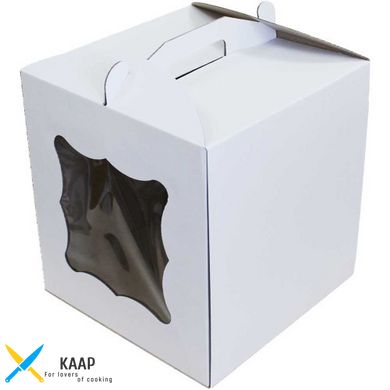 Коробка для торту з ручкою, з віконцем 280х280х300 мм біла картонна (паперова)