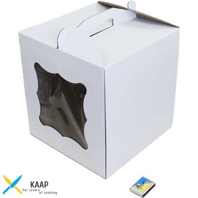 Коробка для торту з ручкою, з віконцем 280х280х300 мм біла картонна (паперова)