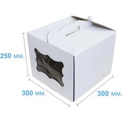 Коробка для торту з ручкою, з віконцем 300х300х250 мм біла картонна (паперова)