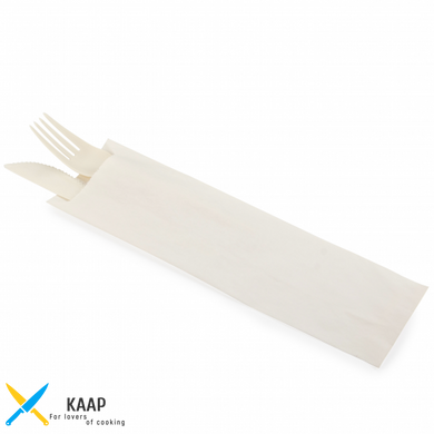 Набір столових приладів (вилка, ніж) в індивідуальній бумажній упаковці біла еко із кукурудзяного крохмалю
