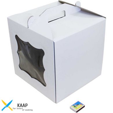 Коробка для торта с ручкой, с окошком 300х300х300 мм белая картонная (бумажная)