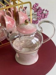 Сервиз чайный-кофейный на 6 персон 21 предмет с золотистым держателем чайник 500 мл, чашка 100 мл розовый
