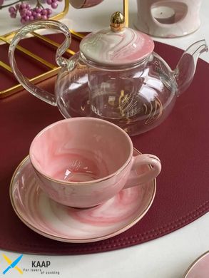 Сервіз чайний-кавовий на 6 персон 21 предмет із золотистим тримачем чайник 500 мл, чашка 100 мл рожевий
