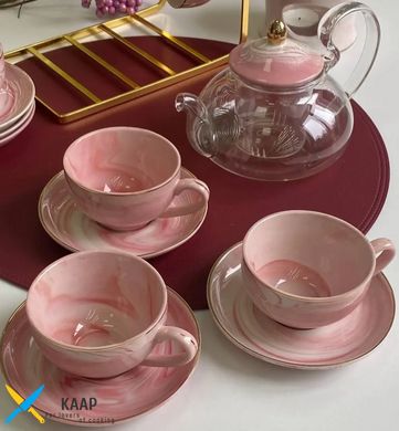 Сервіз чайний-кавовий на 6 персон 21 предмет із золотистим тримачем чайник 500 мл, чашка 100 мл рожевий