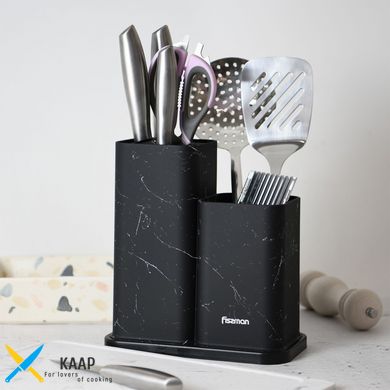 Підставка Fissman для кухонних ножів та інструментів 11x11x23+11x11х17 см, колір ЧОРНИЙ МАРМУРпластик (12884)