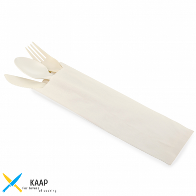 Набір столових приладів (ложка+виделка+ніж) в індивідуальній бумажній упаковці біла еко із кукурудзяного крохмалю