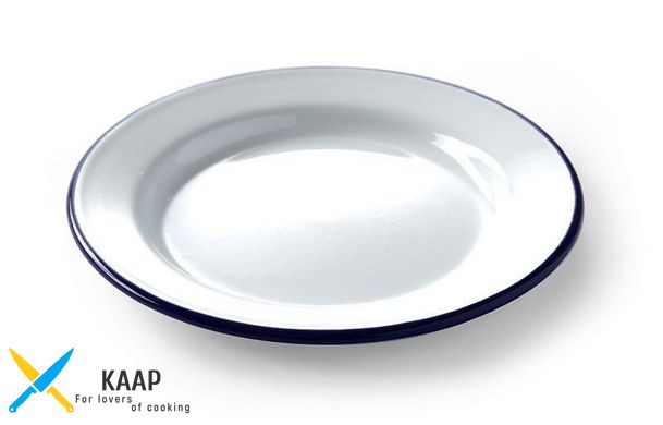 Тарелка круглая 20 см. металлическая эмалированная, белая с голубым бортом.