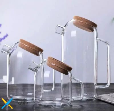 Чайник заварювальний зі спіраллю/фільтром 1000 мл скляний з корковою пробкою у формі гудзика.
