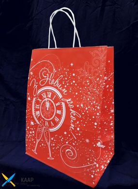 Пакет подарунковий "Новий рік" 260х140х335 мм. крафт білий/червоний з крученими ручками, 100 г/м2, 50 шт/уп