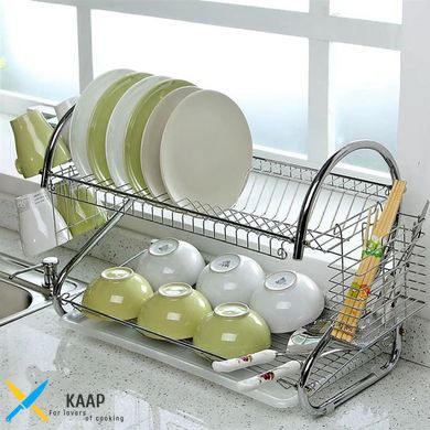 Сушарка для посуду настільна подвійна з піддоном та тримачем приладів 505х247х385 мм Lemax хром біла (LF-505WHT)