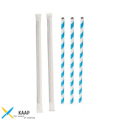 Трубочка-соломка бумажная 200 мм (20 см) в индивидуальной бумажной упаковке d=6мм синяя полоска 100 шт