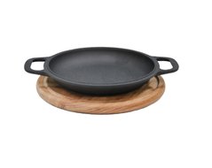 Кришка-сковорода на дерев'яній підставці 20х2 см, чавунна чорна, БІОЛ