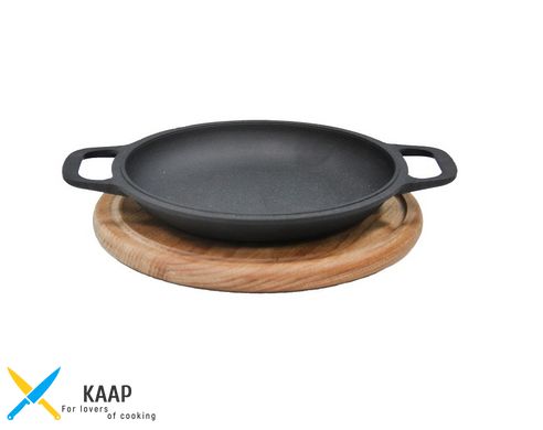 Кришка-сковорода на дерев'яній підставці 20х2 см, чавунна чорна, БІОЛ