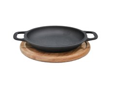Крышка-сковорода на деревянной подставке 22х2 см, чугунная черная, БИОЛ